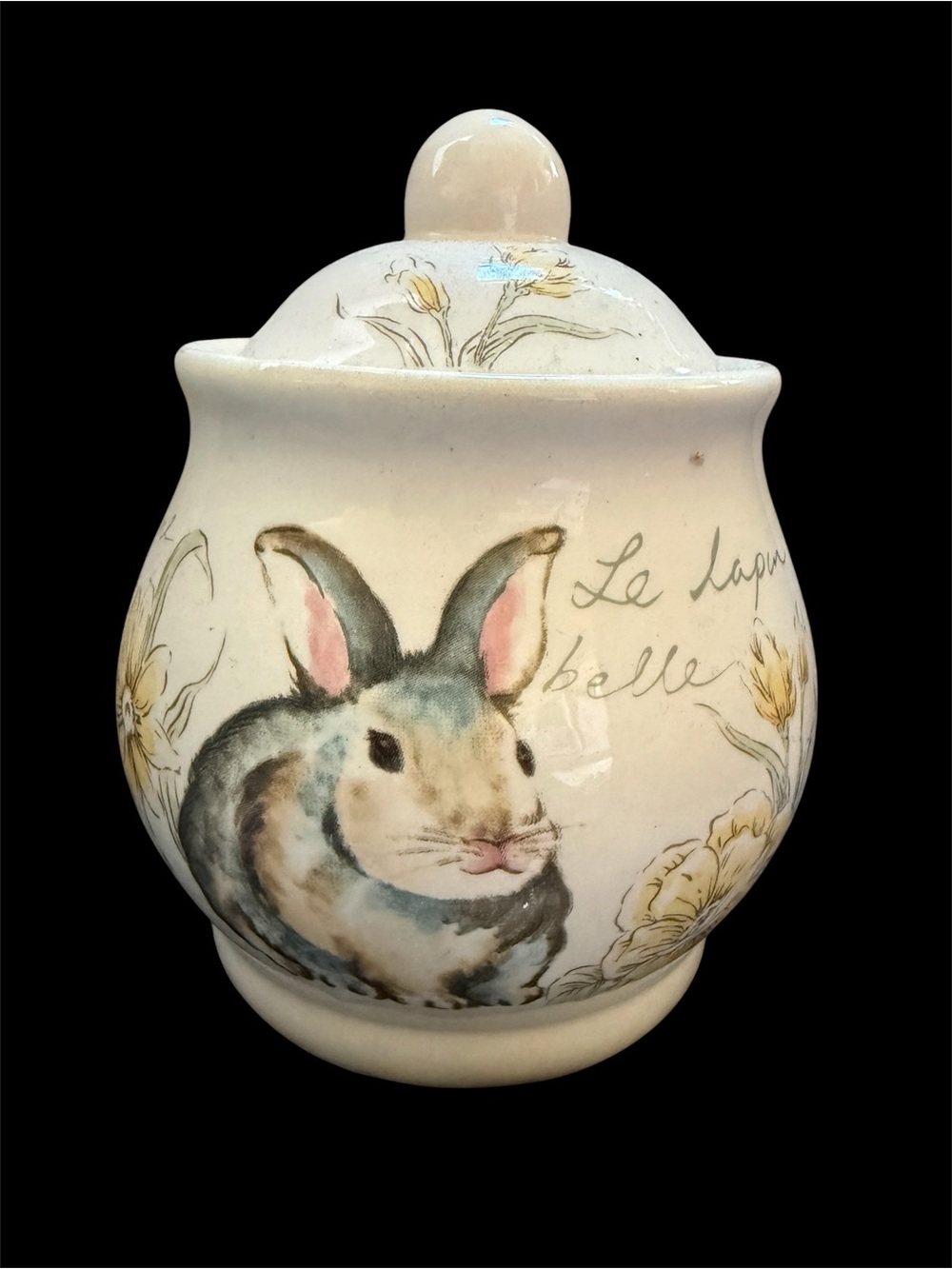 Ceramic Bunny Sugar Container with Floral Accents from Witch’s Estate Sale